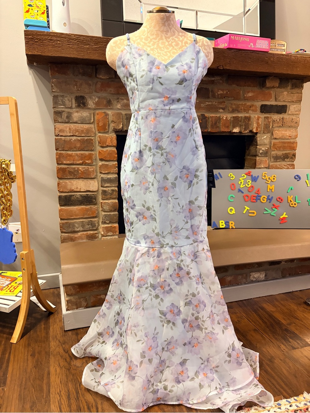 Pure Splendor Light Blue Floral Organza Trumpet Maxi Dress - Picture 5 of 10
